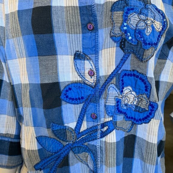 Westbound Blue Buffalo Plaid Button Front Embroidered Flowers Sequins Sz 1X #88i - Picture 7 of 8